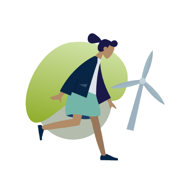 Person in a skirt walking by a windmill